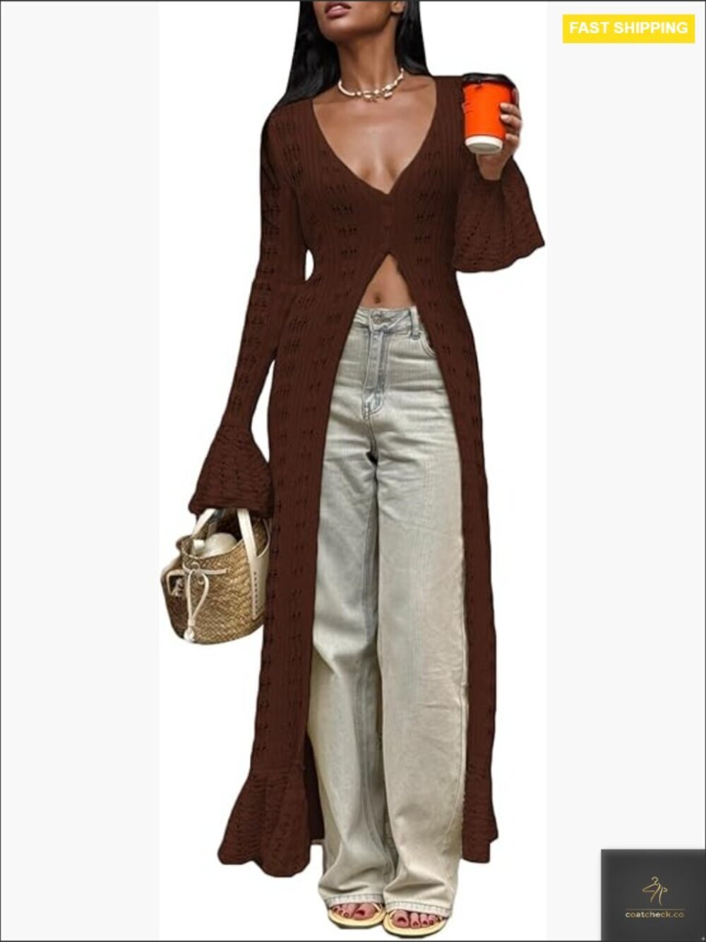 Long Crochet Hollow Out Knit Cardigan Maxi Dress Bell Sleeve Button Front Cover